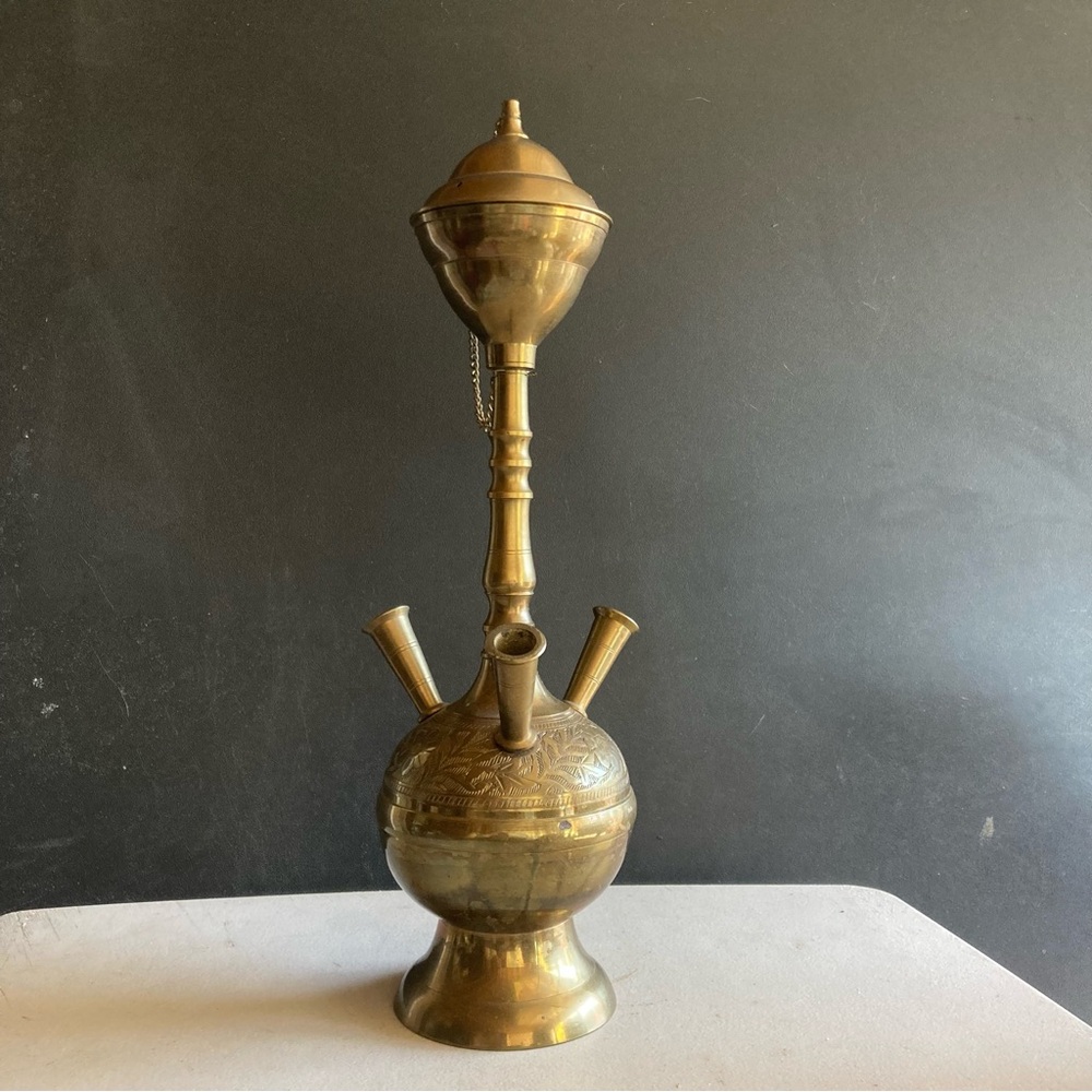 Decorative Vintage 70's/80's Brass Metal 3 Hose Hookah Unused/Like New 14" tall